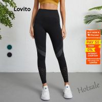 【hot sale】ↂ D19 Lovito Plain Quick Drying Cut Out High Waist Seamless Sports Leggings for Woman L09021 (Black/Green)