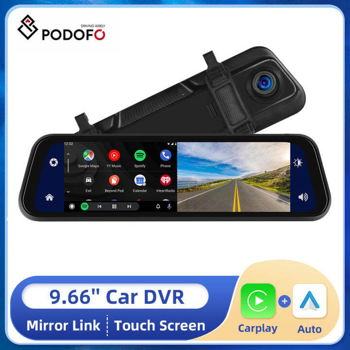 podofo-กระจกรถยนต์-dvr-9-66นิ้วหน้าจอสัมผัสกล้องติดรถยนต์มองหลังกระจกกล้องติดรถแบบคู่ไดรฟ์บันทึก-carplay-ไร้สาย