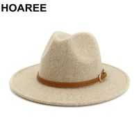 【Explosion umbrella】 HOAREE Beige Wool Fedora Hat For Woman British Style Mens Fedora Hat With Belt Casual Unisex 2022 New Fall Winter Wide Brim Hat