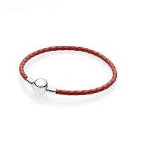 Chinese Red Color Leather Bracelet Silver 925 Signature Round Clasp Jewelry Braided Rope Chain Bracelets for Women Lucky Sign Charms and Charm Bracele