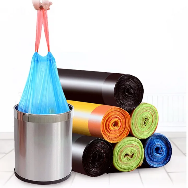 5 Rolls 75 Pieces Rubbish Bag With String Home Garbage Bags Trash Rope Plastic Bag Random Colour