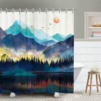 Mountain Forest Shower Curtain Watercolor Sunset Nature Landscape Trees Bird Bath Curtains Fabric Bathroom Decor with Hooks