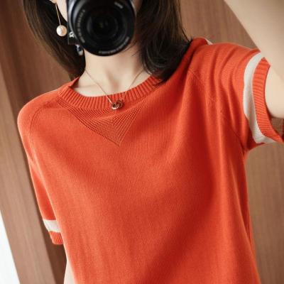 เสื้อยืดฉบับภาษาเกาหลีตัวใหญ่สำหรับผู้หญิง,ใหม่คอกลมฤดูร้อนเสื้อถักแขนสั้นผ้าไอซ์ซิลค์ยาวสีตัดกัน
