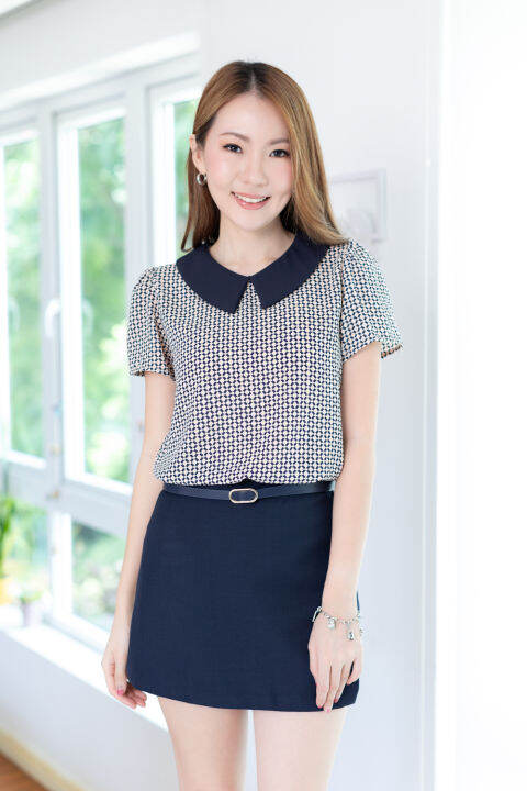 narinari-mt1301-point-collar-checked-blouse-เสื้อทำงาน