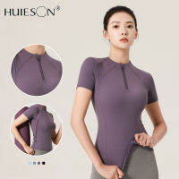 【Huieson】เสื้อกีฬาผู้หญิง,เสื้อสีทึบแบบบางระบายอากาศได้เสื้อผ้าโยคะแห้งเร็วแน่นกลางแจ้งกีฬาฟิตเนสวิ่งแขนสั้น