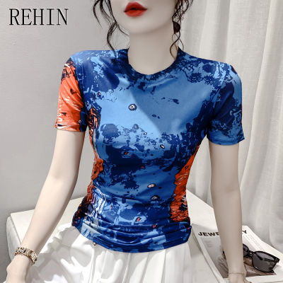 เสื้อยืดผู้หญิง REHIN เสื้อยืดผ้าตาข่ายฤดูร้อนแฟชั่นพิมพ์ลายดอกไม้แขนสั้นคอกลมเสื้อยอดนิยม S-3XL ลดความอ้วน