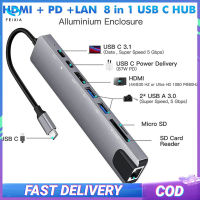 ฮับ USB 8-In-1ตัวแปลงแบบหลายพอร์ตอะแดปเตอร์3.1-4K RJ45ตัวอ่านบัตร TF PD ชาร์จเร็วใช้ได้กับ MacBook