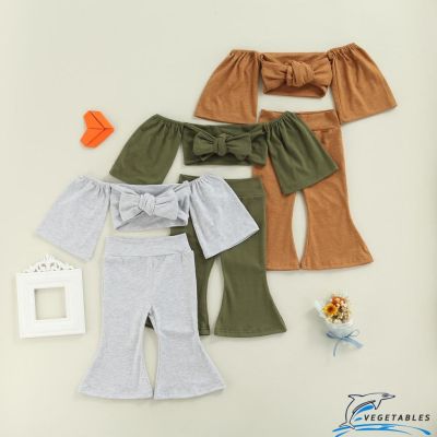 【Candy style】 Zhy- เสื้อครอปเปิดไหล่ ผูกโบว์ สีพื้น และกางเกงขาบาน สําหรับเด็กผู้หญิง 2 ชิ้น