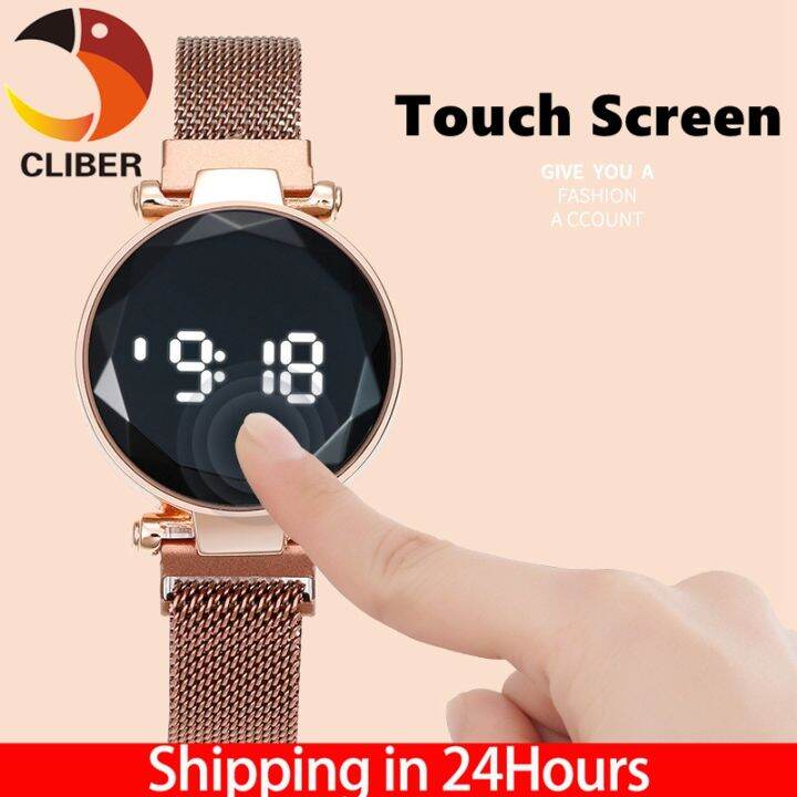 CLIBERแฟชั่นนาฬิกาผู้หญิงหน้าจอสัมผัสนาฬิกาLEDแม่เหล็กตาข่ายเข็มขัด ...