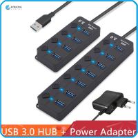 RJQFNG สากล USB Expander ภายนอก พร้อมอะแดปเตอร์แปลงไฟ ฮับ USB 3.0 สวิตช์เปิด/ปิด ตัวแยกพอร์ต 4/7