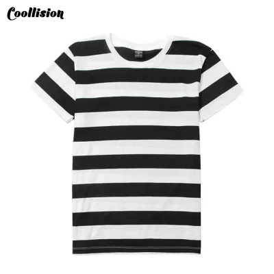 #Coollision-black/white 2inch เสื้อยืดลายทางสีดำสีขาว เสื้อลายทาง unisex-ริ้ว2นิ้ว ผ้าไม่ลื่น ฝ้าย  สีไม่ตก ลำลอง สบาย ทุกโอกาส