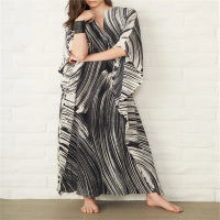 ขนาดพิเศษ Stripe ชุดคลุมบิกินี่ Robe De Plage V คอ Maxi ชุดชายหาด Kaftan Pareo เข็มขัด Oversize