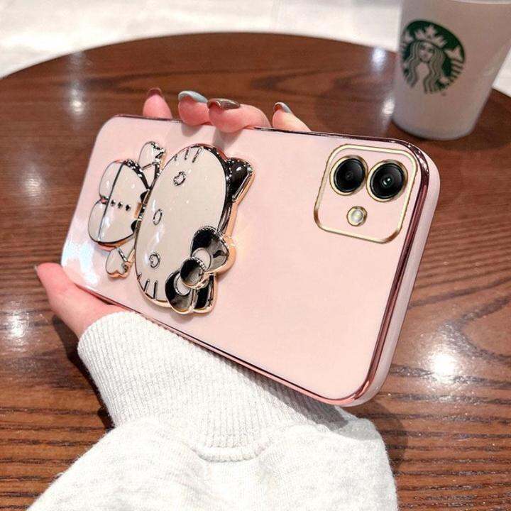 folding-makeup-mirror-phone-case-for-samsung-galaxy-a03-a04-a04e-case-fashion-cartoon-cute-cat-multifunctional-bracket-plating-tpu-soft-cover-casing