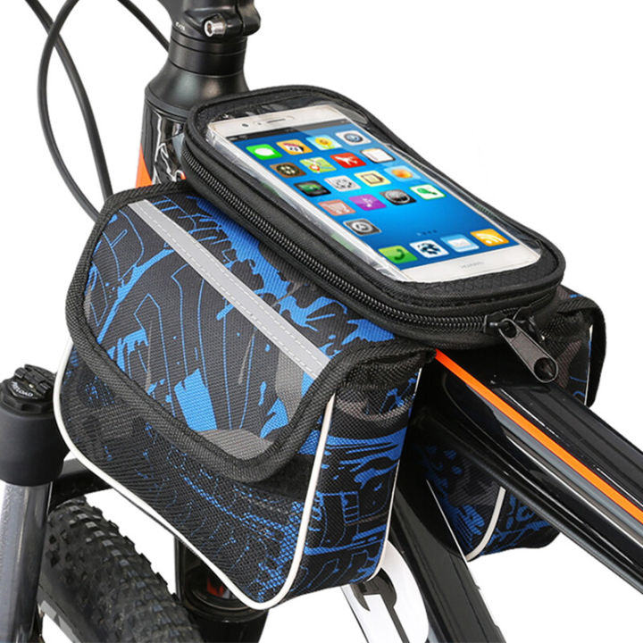 จักรยานเสือภูเขาอุปกรณ์เสริมจักรยานโทรศัพท์มือถือคู่อานม้าห่อท่อด้านหน้าคานจักรยานขี่อุปกรณ์