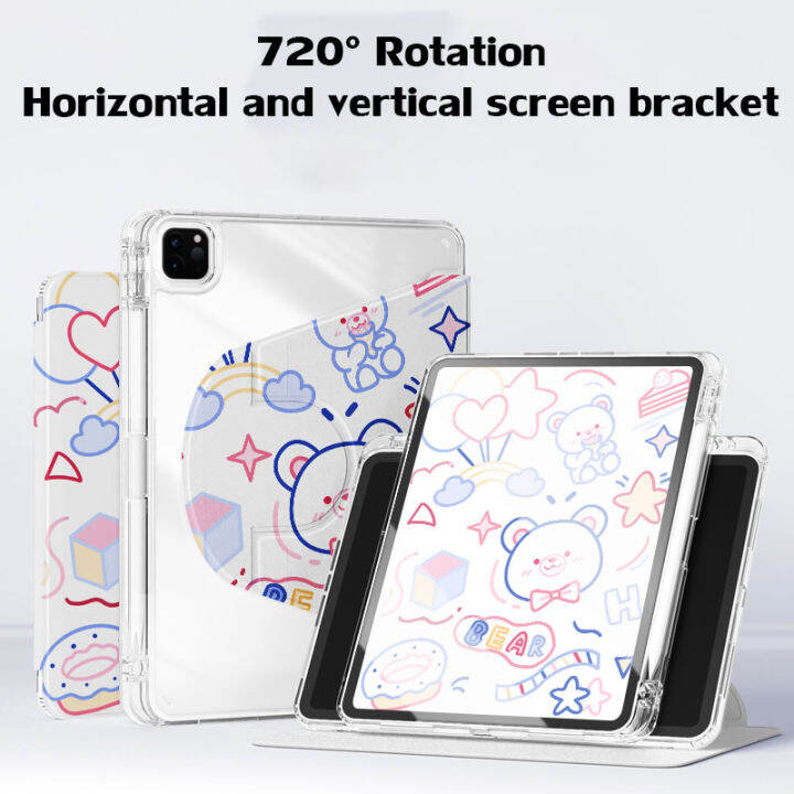 เคส-ipad-ของ-kenke-การ์ตูน-doodle-น่ารัก-หมุนได้-720-รองรับแนวนอนและแนวตั้ง-เคสสมาร์ทอะคริลิคพร้อมช่องใส่ดินสอ-apple-ii-ดินสอชาร์จ-for-apple-ipad-2022-m2-pro-11-ipad-7-8-9-th-gen-2020-2021-ipad-air-5-