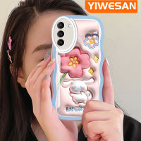 YIWESAN เคสปลอกสำหรับ Samsung S22บวก S22พิเศษ5G น่ารักดอกไม้สีชมพู3D กับกระต่ายขอบคลื่นสีนุ่มนวลเคสมือถือกันกระแทกแบบใสที่สร้างสรรค์เคสกล้องซิลิกาเจลฝาครอบป้องกัน