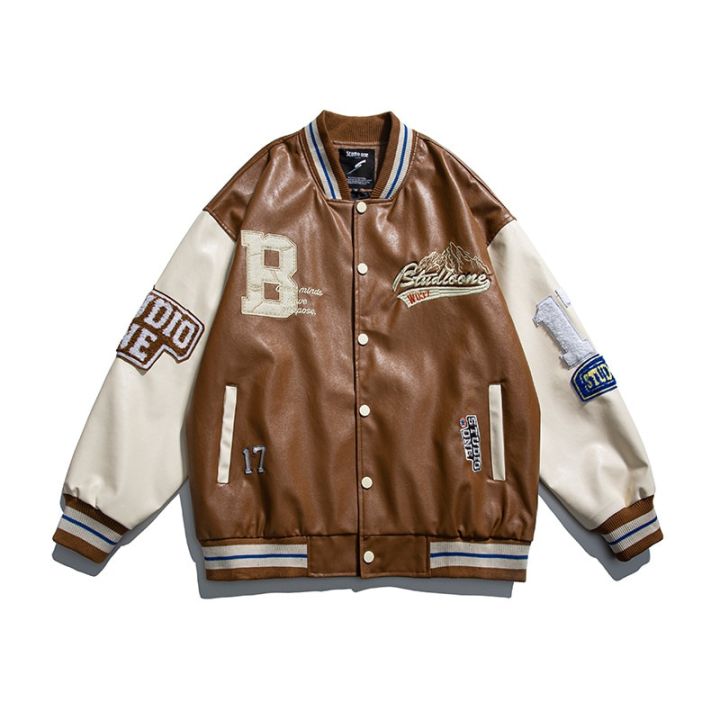 Men's Embroidered Hip Hop Varsity Jacket with Leather Sleeve