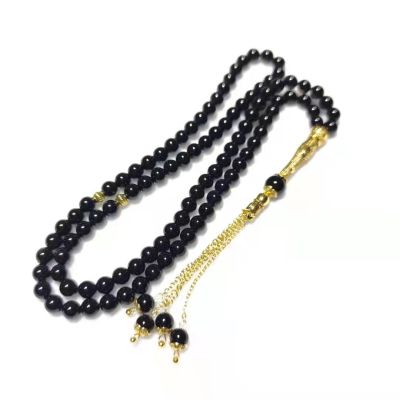 Golden Tee Joint 99 Beads 6mm Natural Black Stone Muslim Prayer Beads Islamic Tasbih Allah Prayer Rosary Tesbih Islam Misbaha