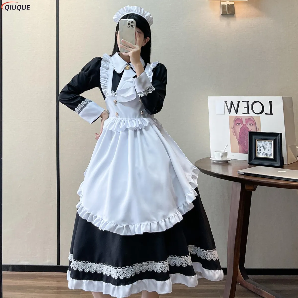Women Maid Outfit Lolita Dress Cute Kawaii Cafe Costume Black White Men  Uniform Long Apron Dress Mucama Cosplay Costume 