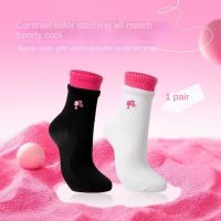 SOUVEN ตุ๊กตาบาร์บี้ลายขวางสีชมพูสำหรับผู้หญิง KAOS Kaki Anak Perempuan ตุ๊กตาบาร์บี้รูปหัวใจถุงเท้าทรงท่อกลางถุงเท้าหัวใจน่ารัก