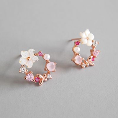 [COD] HED364 Korean version silver temperament all-match zircon crystal shell flower stud earrings female