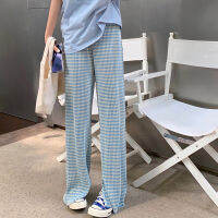 2021Vintage Blue Plaid Slit High Waist Draping Thin Loose Women 2021 Chic Fashion All-Match Straight Pleated Casual Mopping Pants