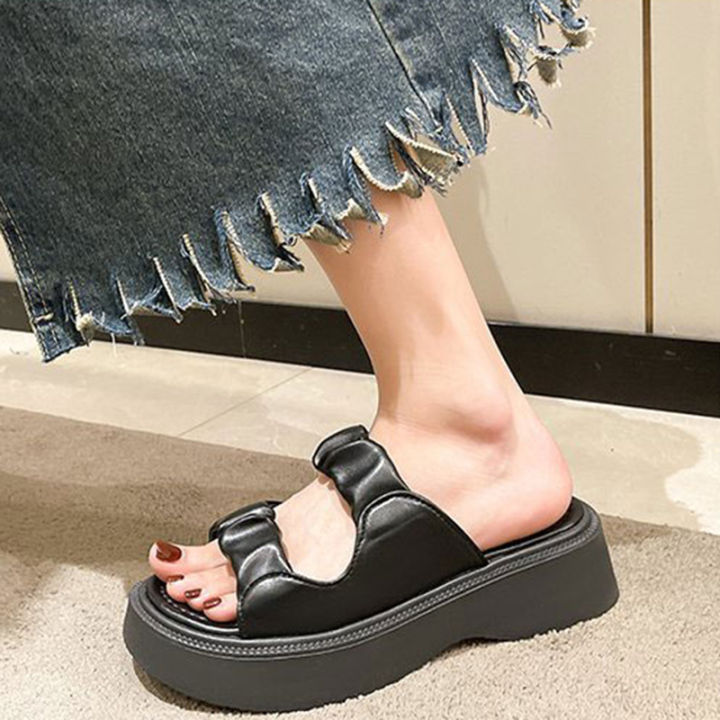 kaidewemak-ส่งจากไทย-รองเท้าฤดูร้อนของผู้หญิงรองเท้าแตะแบนรองเท้าสไตล์เกาหลีสีดำและสีขาวสีขาว