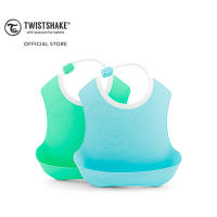 Twistshake 2x Bib ผ้ากันเปื้อนซิลิโคน แพ็คคู่ 2 ตัว มาพร้อมช่องดักเศษอาหารขนาดใหญ่ และมีสายคล้องคอที่สามารถปรับขนาดได้ (ฟ้า-เขียว/Pastel Blue &amp; Green)