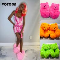 [NEW EXPRESS] Plush Teddy Bear Slippers Women Home Cotton Cute Cartoon Slides Warm Soft Flat Shoes Ladies House Flip Flops