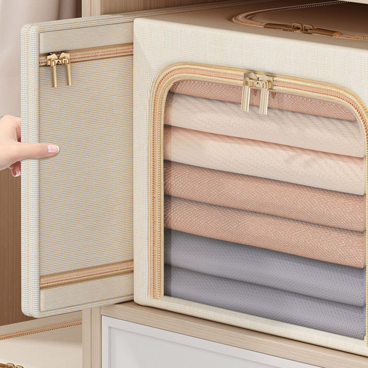 hji-ถังตู้จัดเก็บเสื้อผ้ากับหน้าต่างใสและจัดการถังขยะสำหรับผ้าห่มสบายเสื้อผ้า