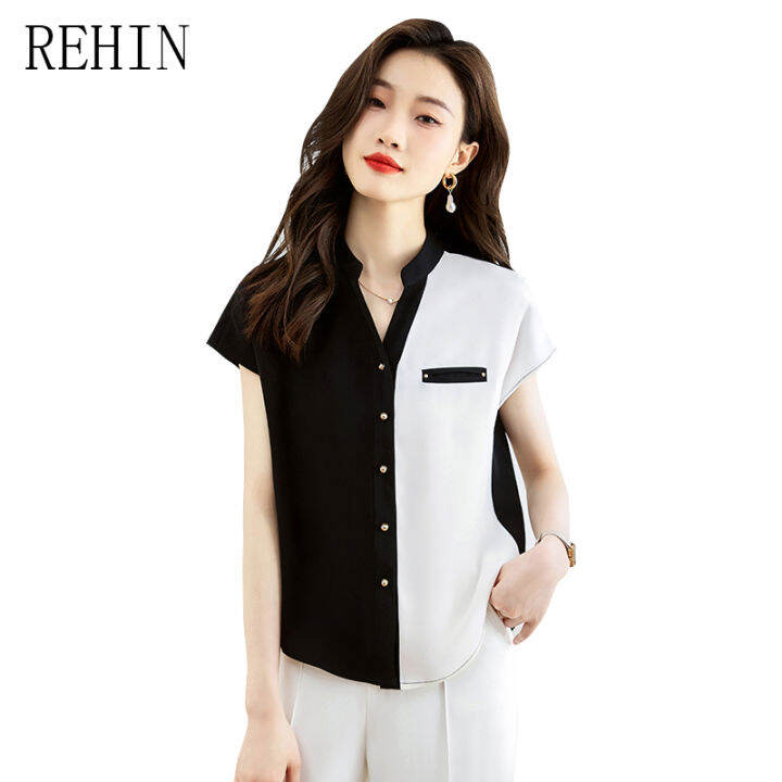 rehin-เสื้อเบลาส์แขนสั้นผ้าชีฟองคอวีสำหรับผู้หญิง-เสื้อแฟชั่นใหม่ฤดูร้อน