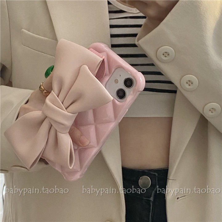 lingge-โบว์สีชมพูสายรัดข้อมือโทรศัพท์มือถือสำหรับ-iphone11-เคสโทรศัพท์มือถือสีชมพูสำหรับ-iphone12promax-เคสโทรศัพท์มือถือป้องกันการตกสำหรับ-iphonexs-iphone7-8p