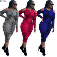 CM.YAYA Autumn Active Wear Striped Print Cut Out Long Sleeve O-neck Women Knitted Sports Bodycon Pencil Midi Dress Vestidos