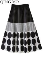 【CW】 QING MO 2023 Skirt Fashion Waist Color Contrast Dot Print Large Hem Medium Length ZXF1610