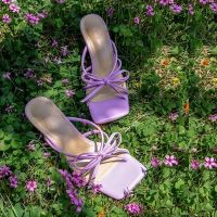 Women’s Summer Sandals Elegant Bowknot Party Shoes French Style Slippers Wedding Narrow Band Korea Pumps Purple Beige Gold Shoe