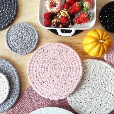 1Pc 18cm Round Cotton Rope With Gold Line Coaster Anti-hot Insulation Cup Mat Non-Slip Plate Bowl Mat Handmade Placemat