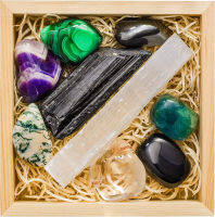 Consciousness Tune-Up Crystalya Premium Grade Crystals and Healing Stones for Protection EMF in Wooden Box– Obsidian, Fluorite, Malachite, Hematite, Amethyst, Tree Agate, Quartz, Selenite, Tourmaline Gemstones + Info Guide