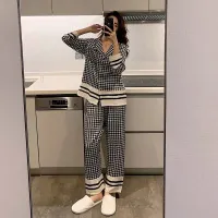 QWEEK Houndstooth Womens Pajamas Female Set Woman 2 Pieces Autumn Sleepwear Elegant Pijama Plaid Pyjamas Long Sleeve Loungewear