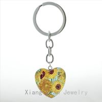 【CW】☊✹  artist Van Gogh Sunflowers artwork heart pendant keychain vintage watercolor painting photo key chain ring HP108