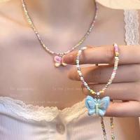 ❀ Dopamine Colorful beaded heart butterfly pendant necklace female 2023 new summer sweet ins clavicle chain