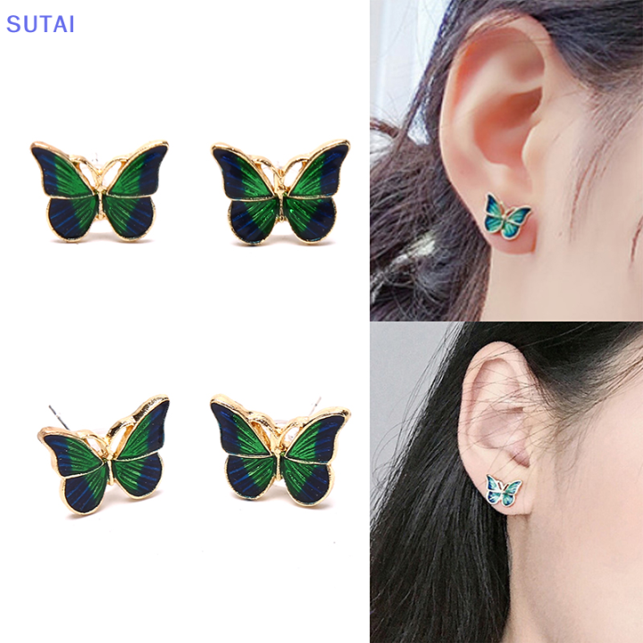 lowest-price-sutai-ต่างหูแฟชั่นวินเทจเคลือบสีเขียวผีเสื้อต่างหูอินเทรนด์เครื่องประดับผู้หญิง