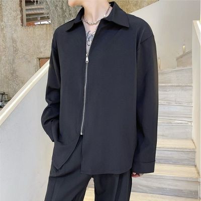 【Ready】🌈 Ins Hong Kong style spring and autumn zipper cardigan concave shape handsome high-end shirt lapel long-sleeved shirt men