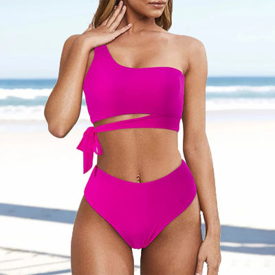 Sexy Bikini Women  High Waist Swimsuit One Shoulder Swimwear Bandeau Bathing Suit Print Beach Wear Solid Biquini Set Female