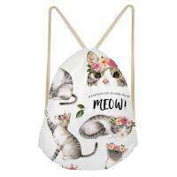 Cartoon Flower Headdress Cat Print Drawstring Bag Fashion Shoulder Bags Cute Animals Pattern High Capacity Personalized