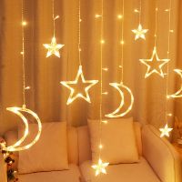 [Ricky Lighting] Twinkle Star/moon Fairy Light Garland 12 Led Curtain String Lights For Ramadan วันเกิดคริสต์มาสในร่มตกแต่ง Xmas Decor