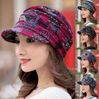 Fashion Women Floral Print Wide-Brimmed Cap Foldable Earflap Muslim Turban Visor Hat Autumn Winter Underscarf Cap Turbante Mujer