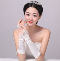 ☌☃ Fingerless Satin Bridal Wedding Gloves with Beads Elbow Length Lace Woman Bride Party Gifts Accessories For Cosplay Prom