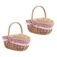 2X Country Style Wicker Picnic Basket Hamper with Lid and Handle &amp; Liners for Picnics, Parties, Wedding and BBQs