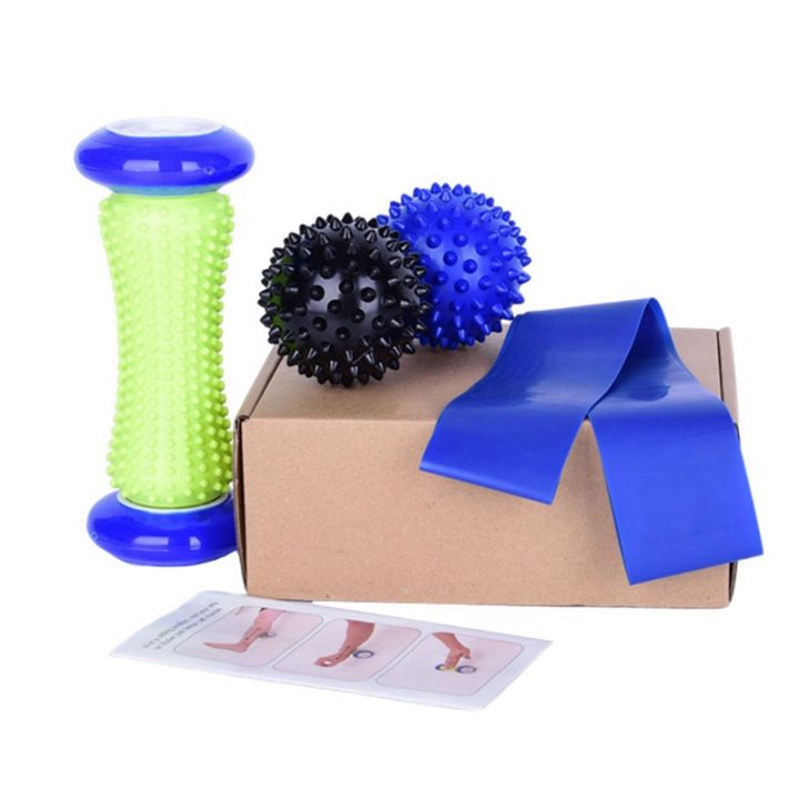 4-piece-set-pvc-yoga-supplies-plantar-massager-with-thorns-workout-massage-ball-elastic-band-ankle-roller-equipment