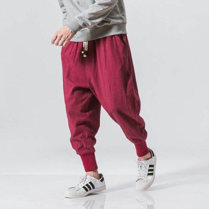 ผ้าฝ้ายผ้าลินินกางเกงฮาเร็มผู้ชายแข็งเอวยางยืด-streetwear-joggers-2023ใหม่ถุงวางเป้ากางเกงกางเกงลำลองผู้ชาย